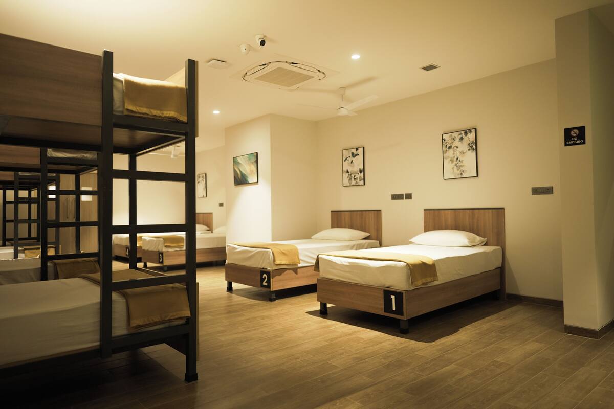 A hotel room with bunk beds, two single beds, wooden flooring, and wall-mounted artwork.