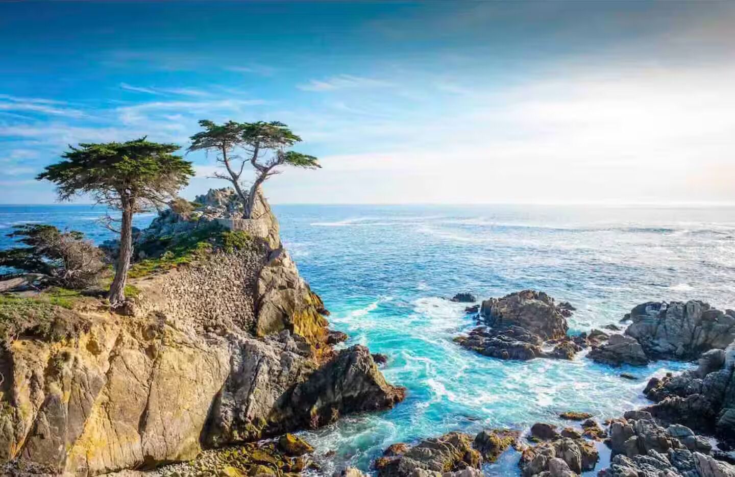 Un paysage côtier avec des falaises rocheuses et deux arbres situés au bord.