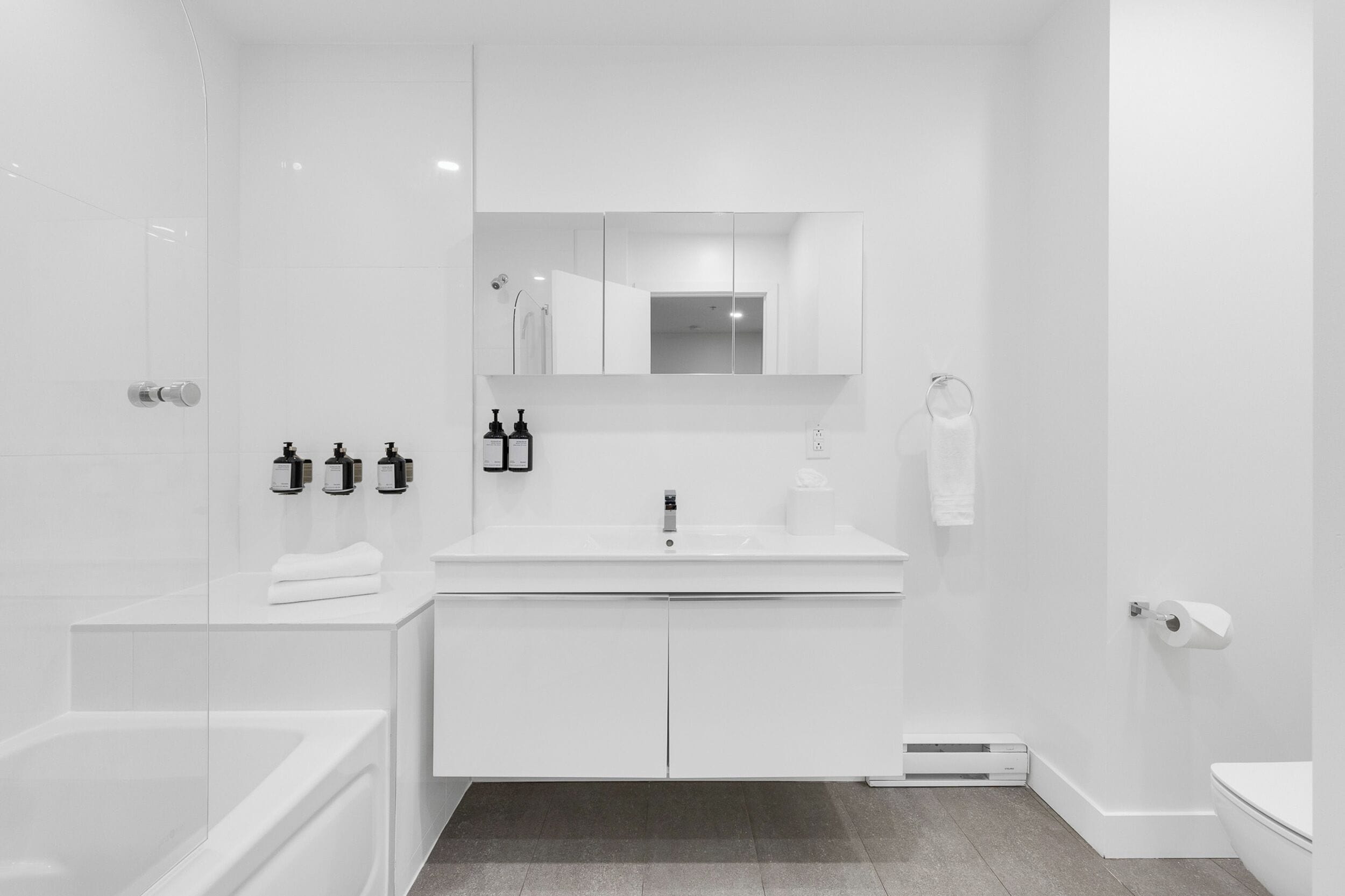 A modern bathroom with a white vanity, a bathtub, a shower, and a toilet.