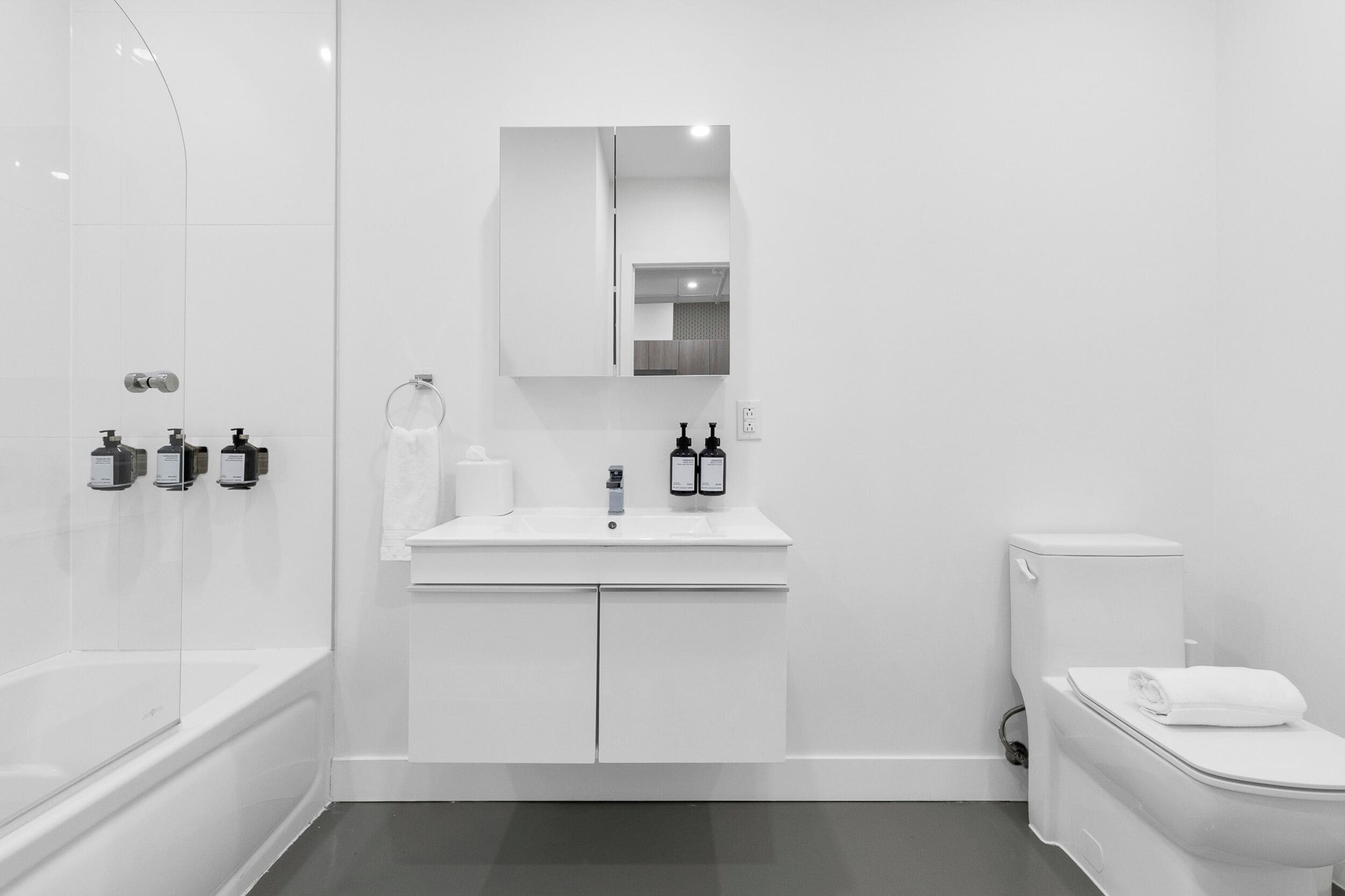Une salle de bain moderne avec un meuble-lavabo blanc, un miroir, des toilettes et une douche.