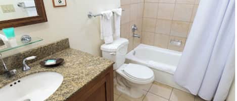 Hair dryer, towels, soap, toilet paper