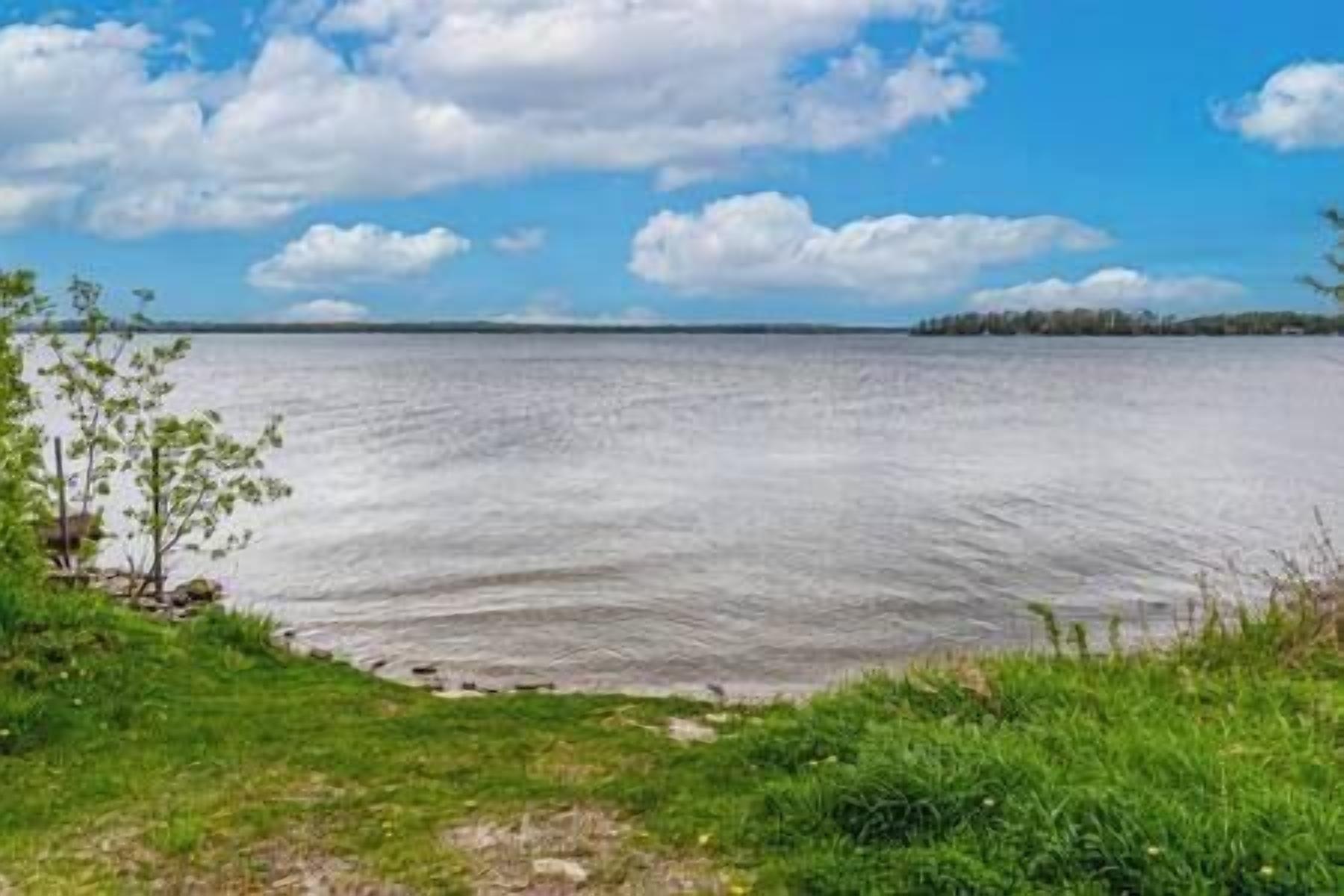 Ein ruhiger See mit einer grasbewachsenen Uferlinie und Bäumen im Vordergrund.
