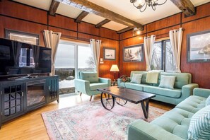 Smart TV, fireplace, books, stereo