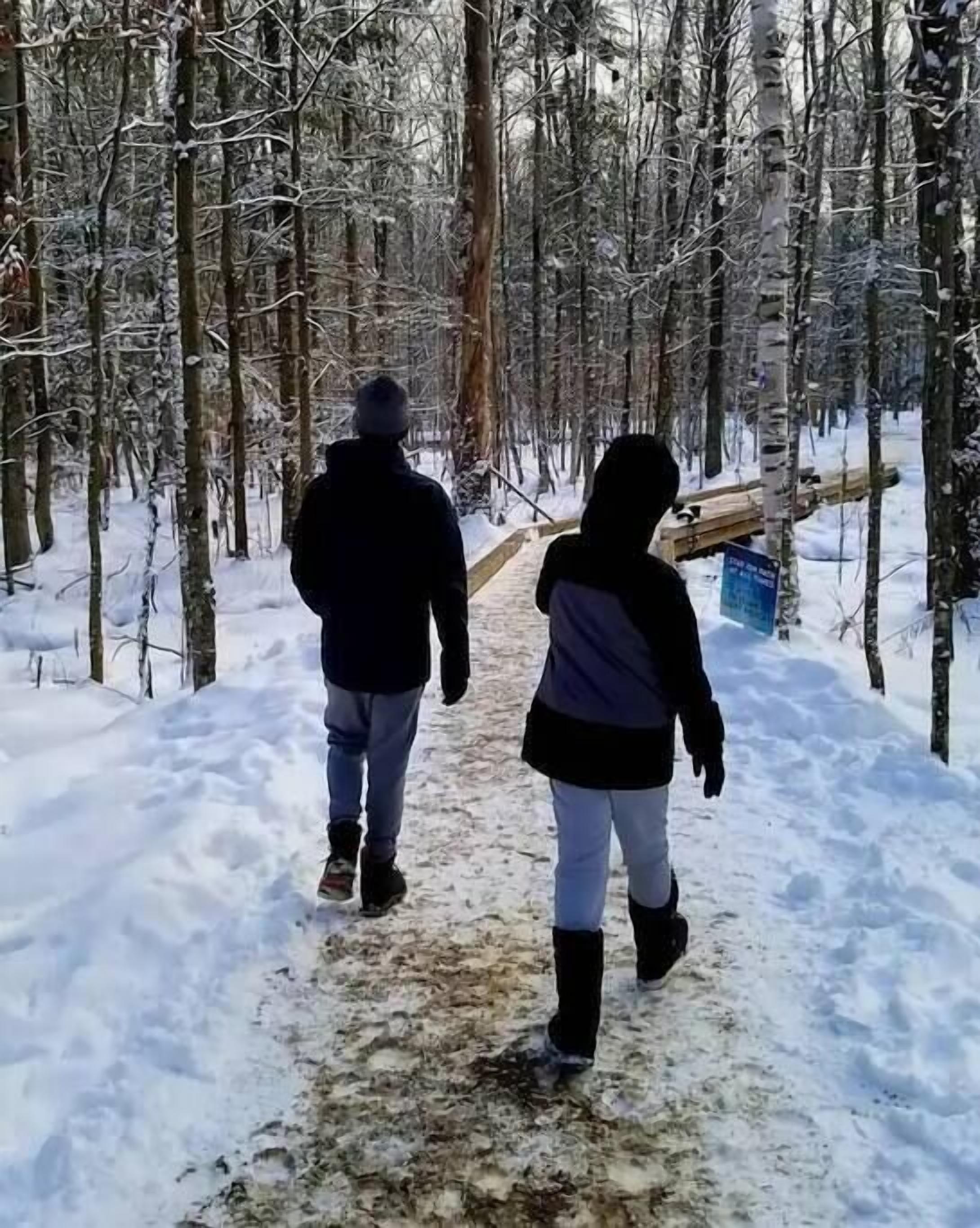 A snowy forest path with two people walking.