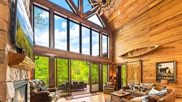 Televisión, chimenea, reproductor de DVD y oficina