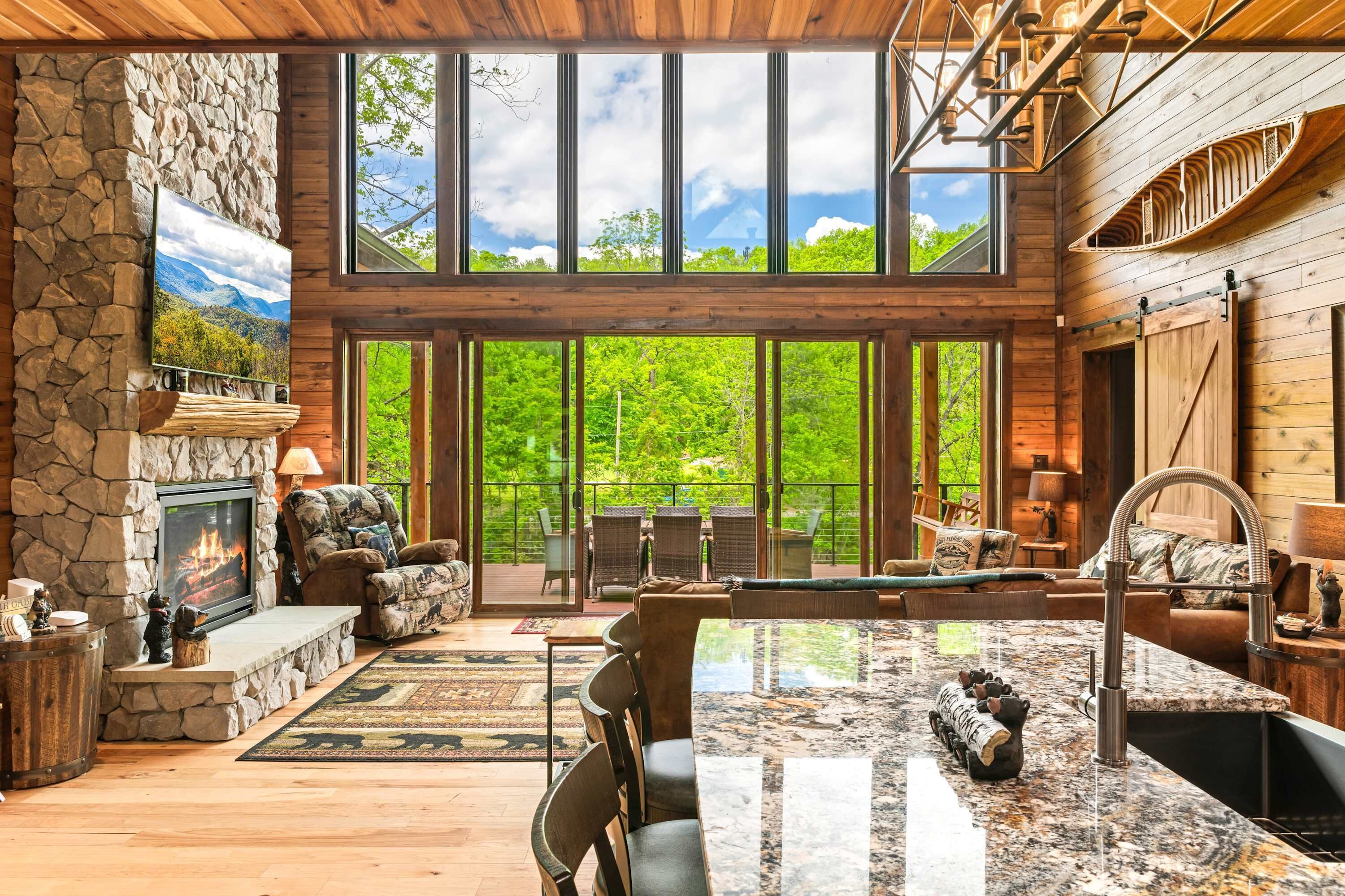 Televisión, chimenea, reproductor de DVD y oficina 