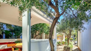 A covered outdoor seating area with a tree, benches, and a pathway. - Amazing apartment in Vodice with WiFi (Vodice)