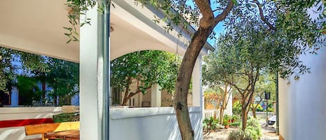 Un espace extérieur abrité, aménagé avec un arbre, un chemin en pierre et des murs blancs.