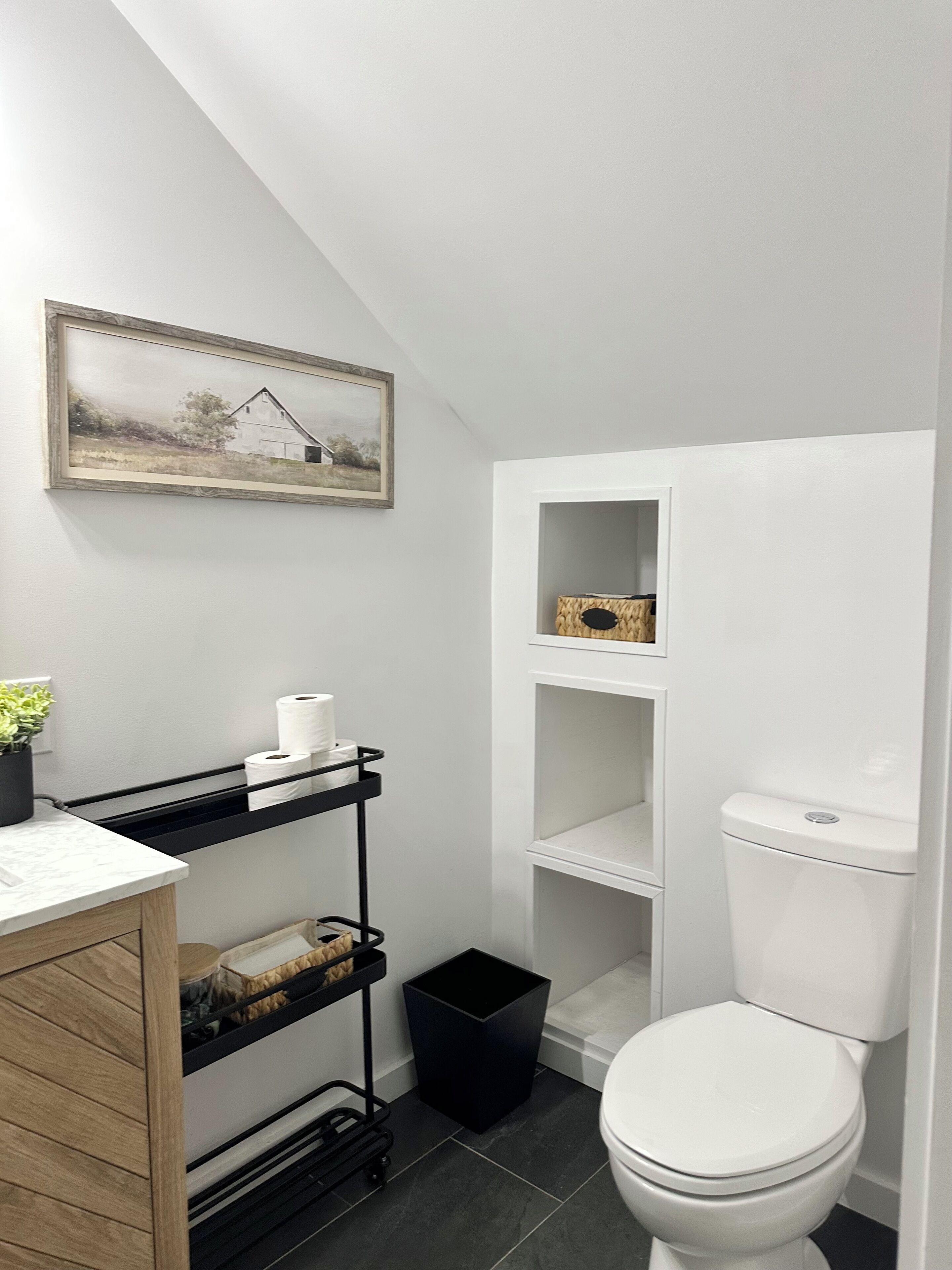 Ein kleines, weißes Badezimmer mit Toilette, einer Ablage und einem gerahmten Bild an der Wand.