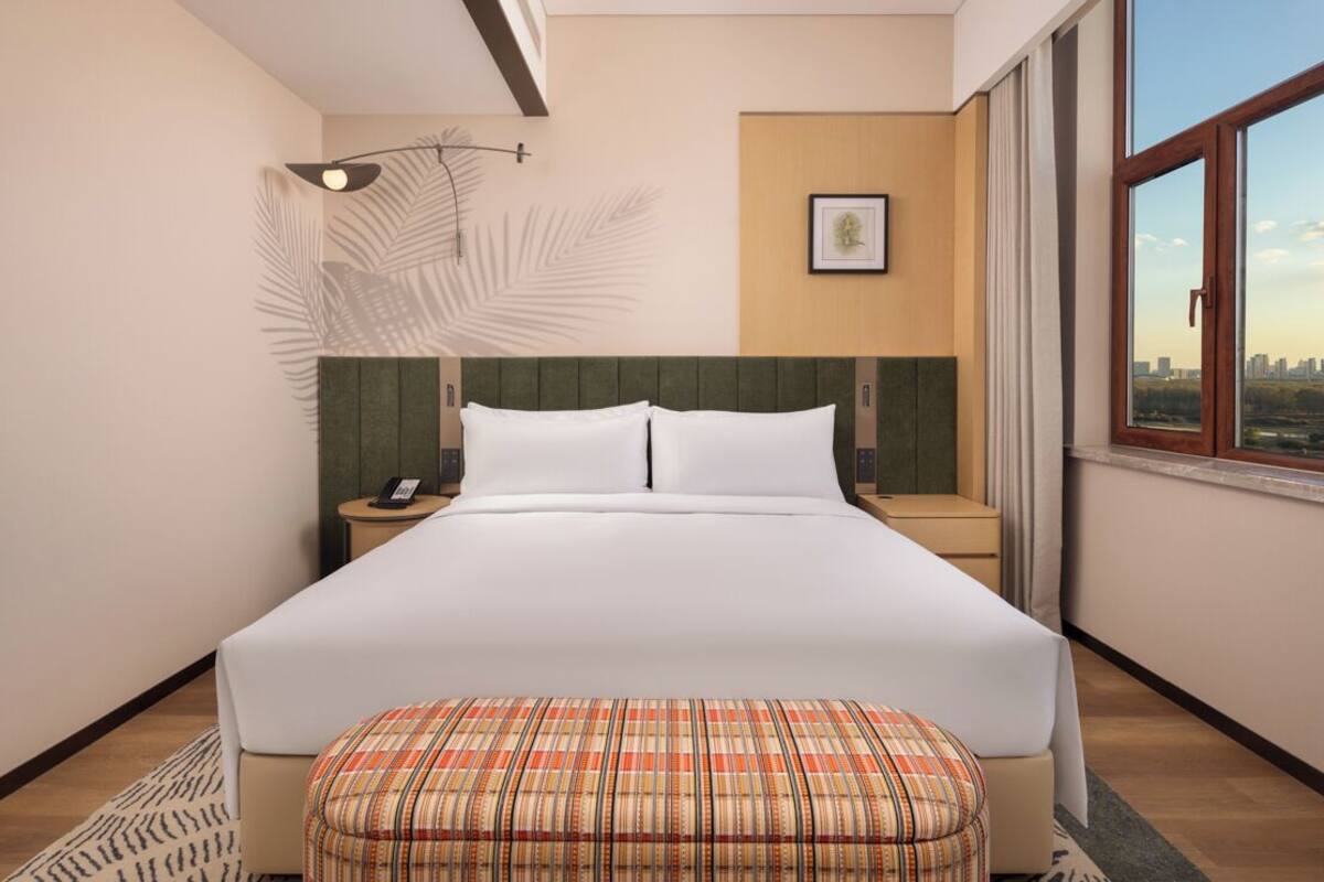 A hotel room with a large bed, a nightstand, a lamp, a framed picture on the wall, and a window with a city view.