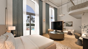A modern hotel room with a large bed, a flat-screen TV, a seating area with a sofa and armchairs, a dining table, and a view of the outdoors. - Conrad Corfu (Corfu)
