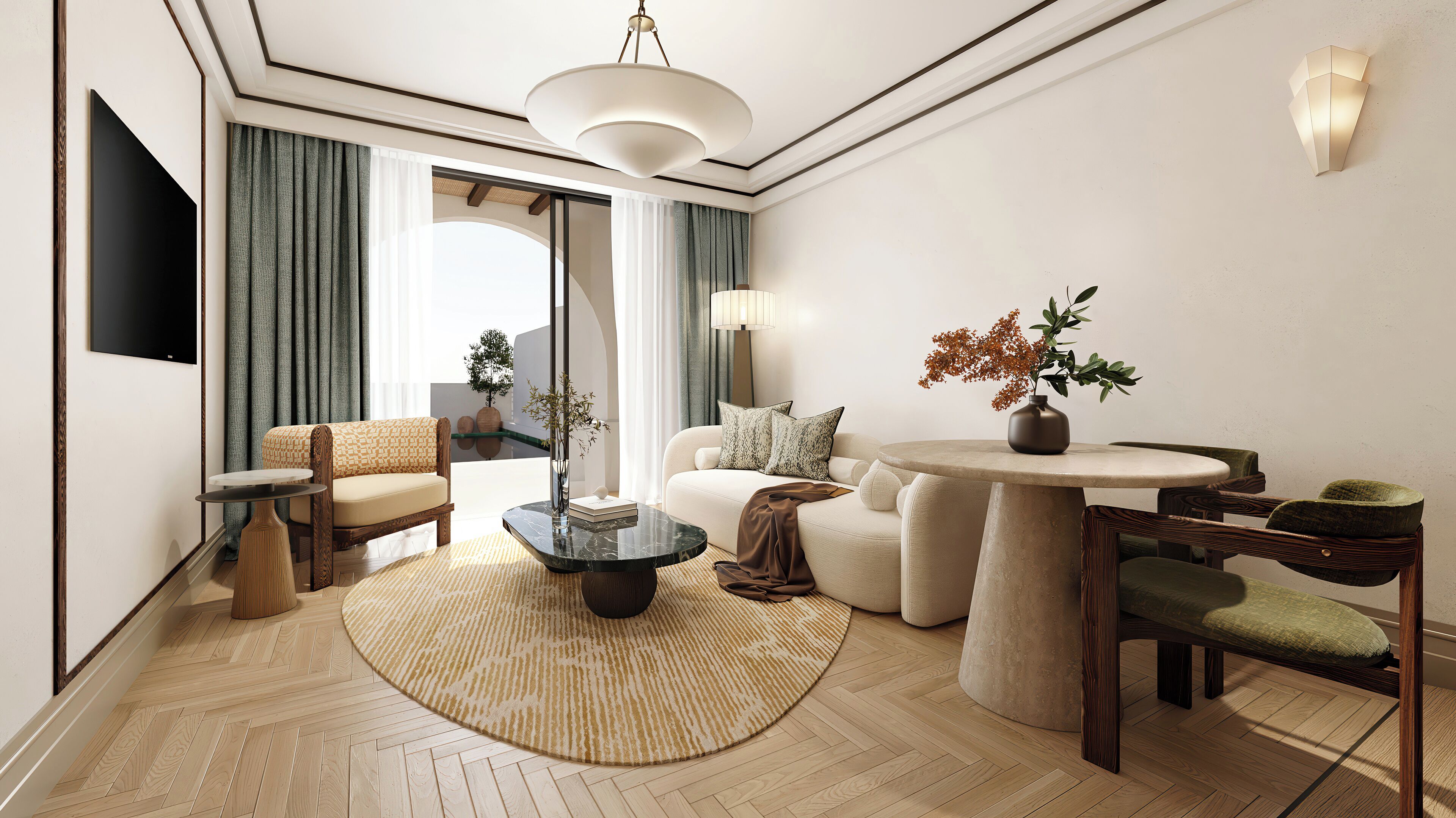 Een moderne woonkamer met een flatscreen televisie, een ronde salontafel, een bank, een stoel, een tafeltje met een vaas en een lamp.