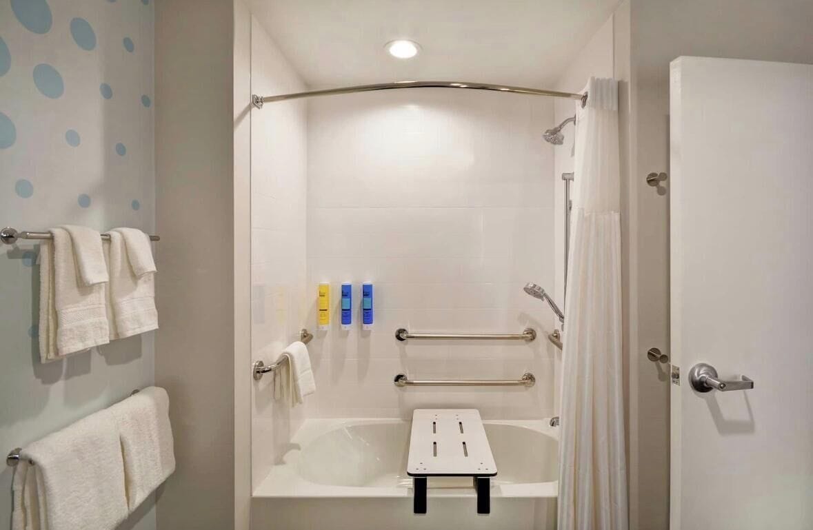 Hair dryer, towels, soap, shampoo
