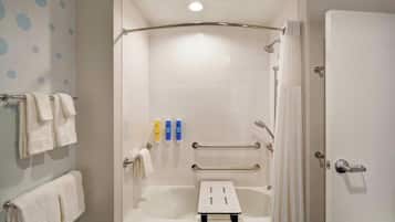 Hair dryer, towels, soap, shampoo