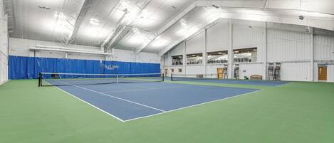 Ein Hallen-Tennisplatz mit Netz, grün- und blauer Bodenbelag und einem blauen Vorhang an einer Seite.