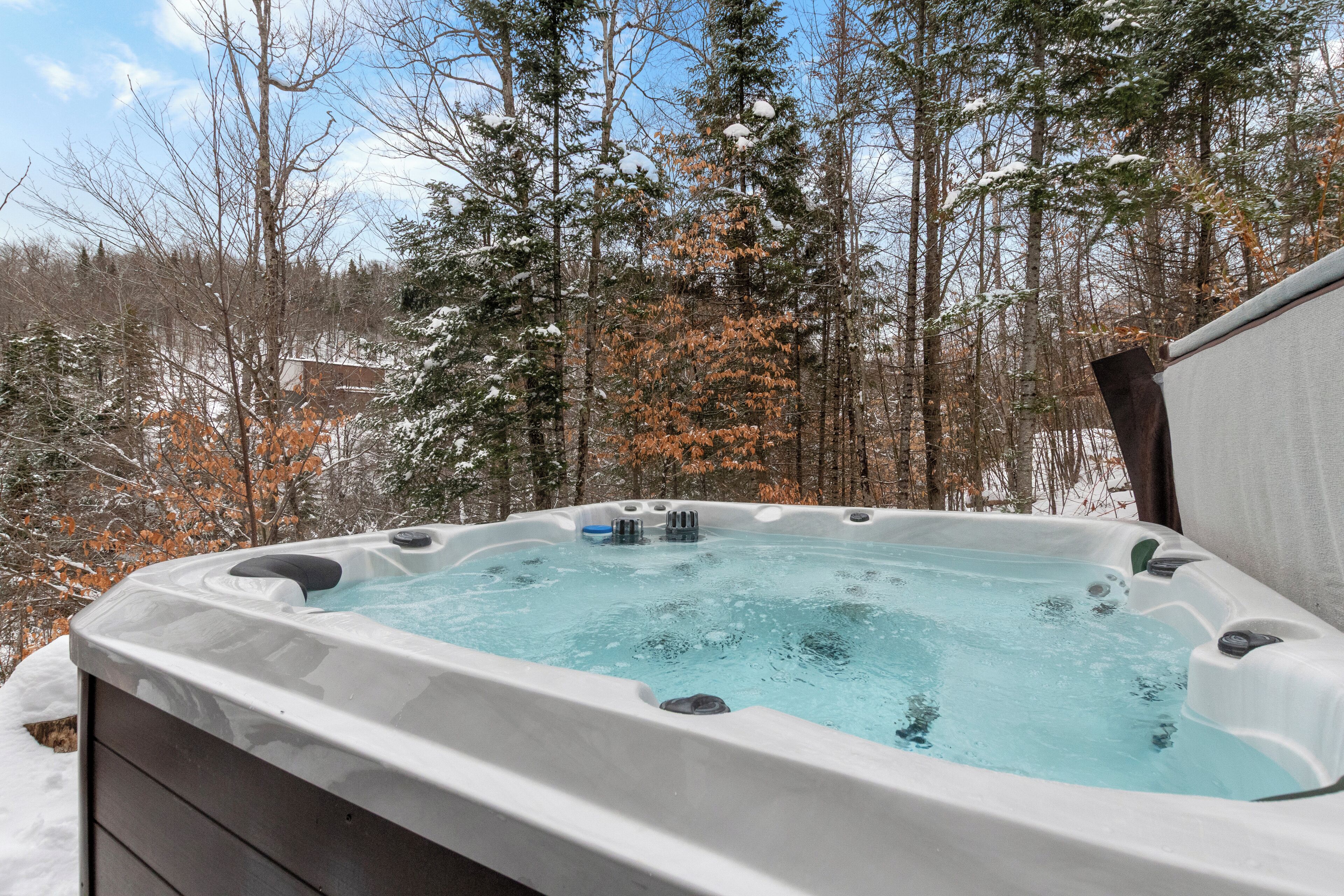 A hot tub surrounded by snow-covered trees and a clear sky.