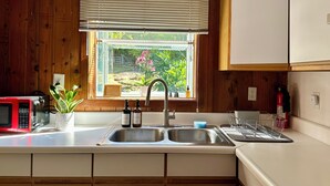 A kitchen with a double sink, a red microwave, a potted plant, and a window with blinds.