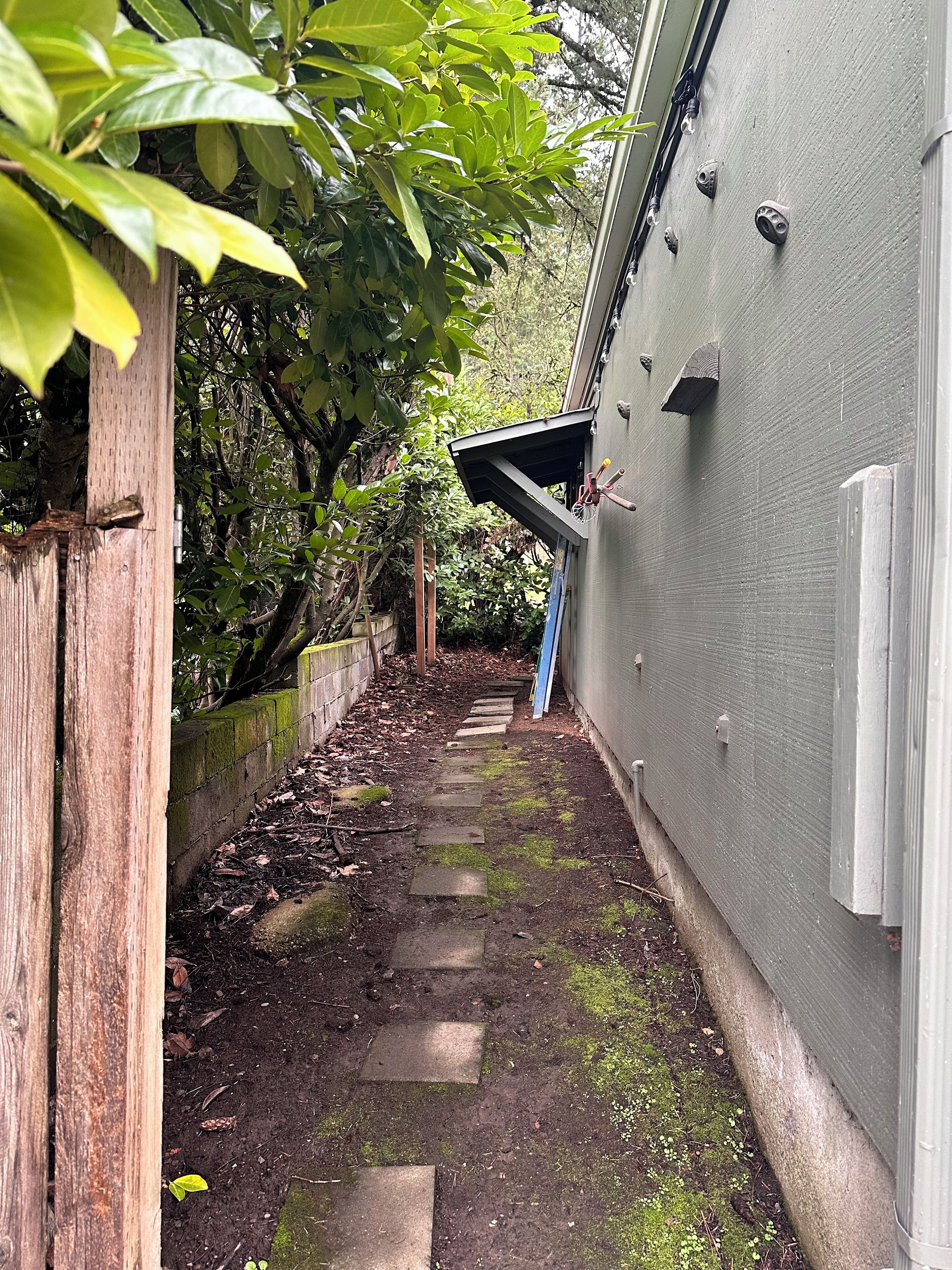Un étroit sentier de pierres mène à un bâtiment à l’extérieur gris, avec une clôture en bois d’un côté.