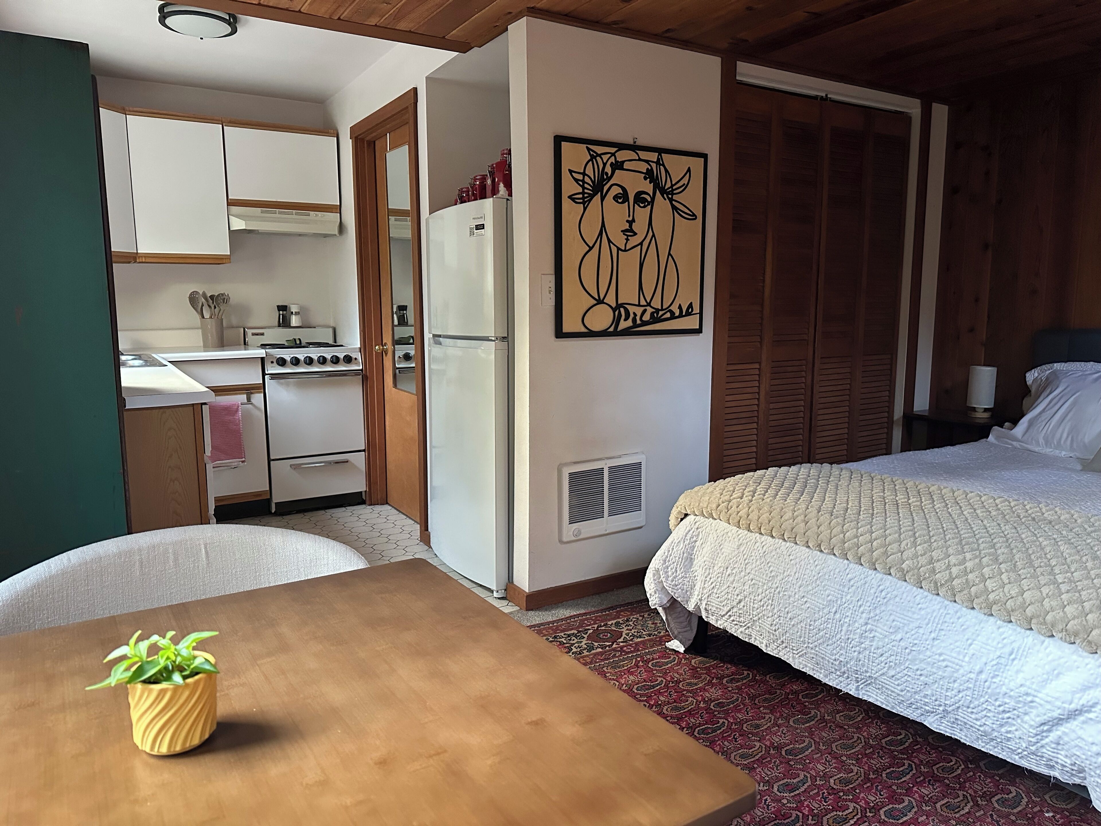 Una habitación compacta con kitchenette, una cama y una mesita con una planta.