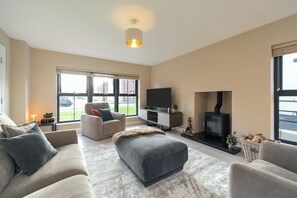 A modern living room with a sofa, ottoman, and a fireplace. - Mourne Mountain Cottage with Hot Tub & Views Near Tollymore Forest Trails (Newry)