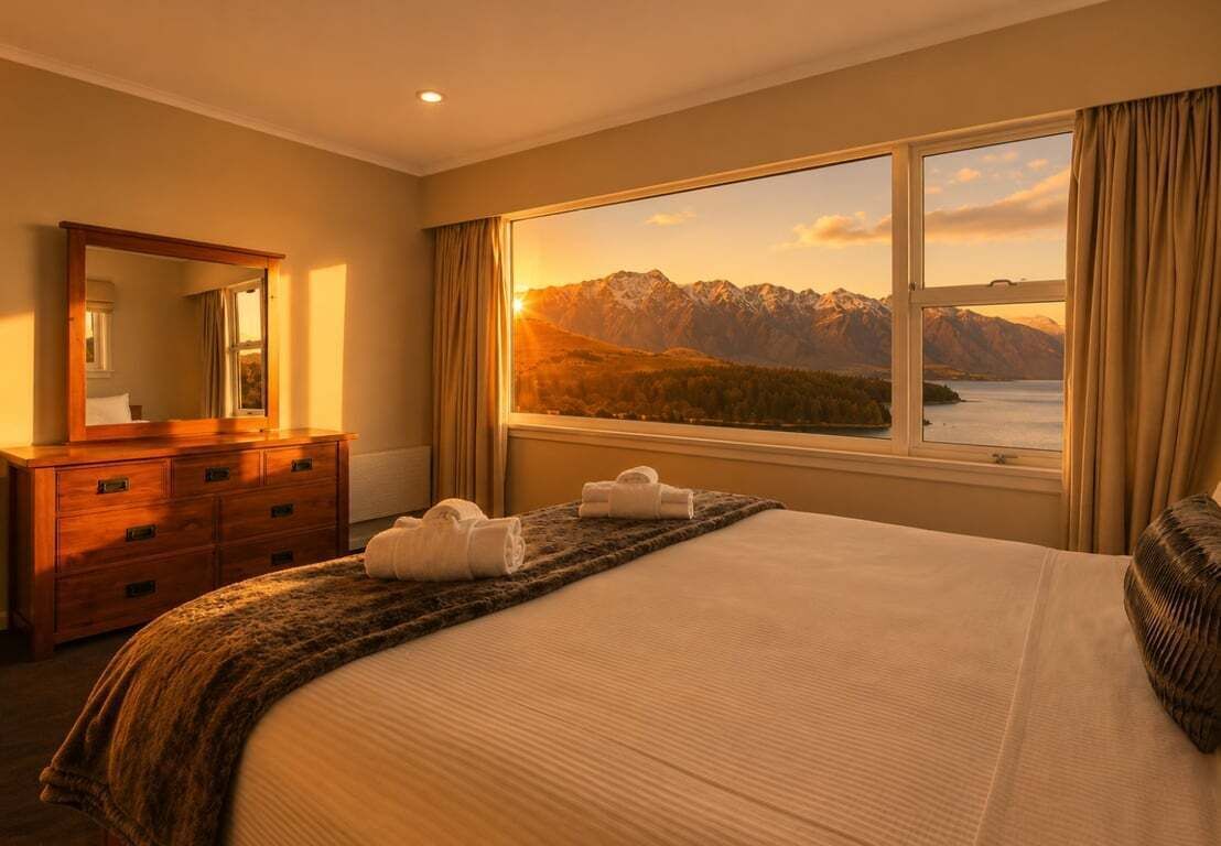 A hotel room with a large bed, a dresser, a mirror, and a window with a mountain view.