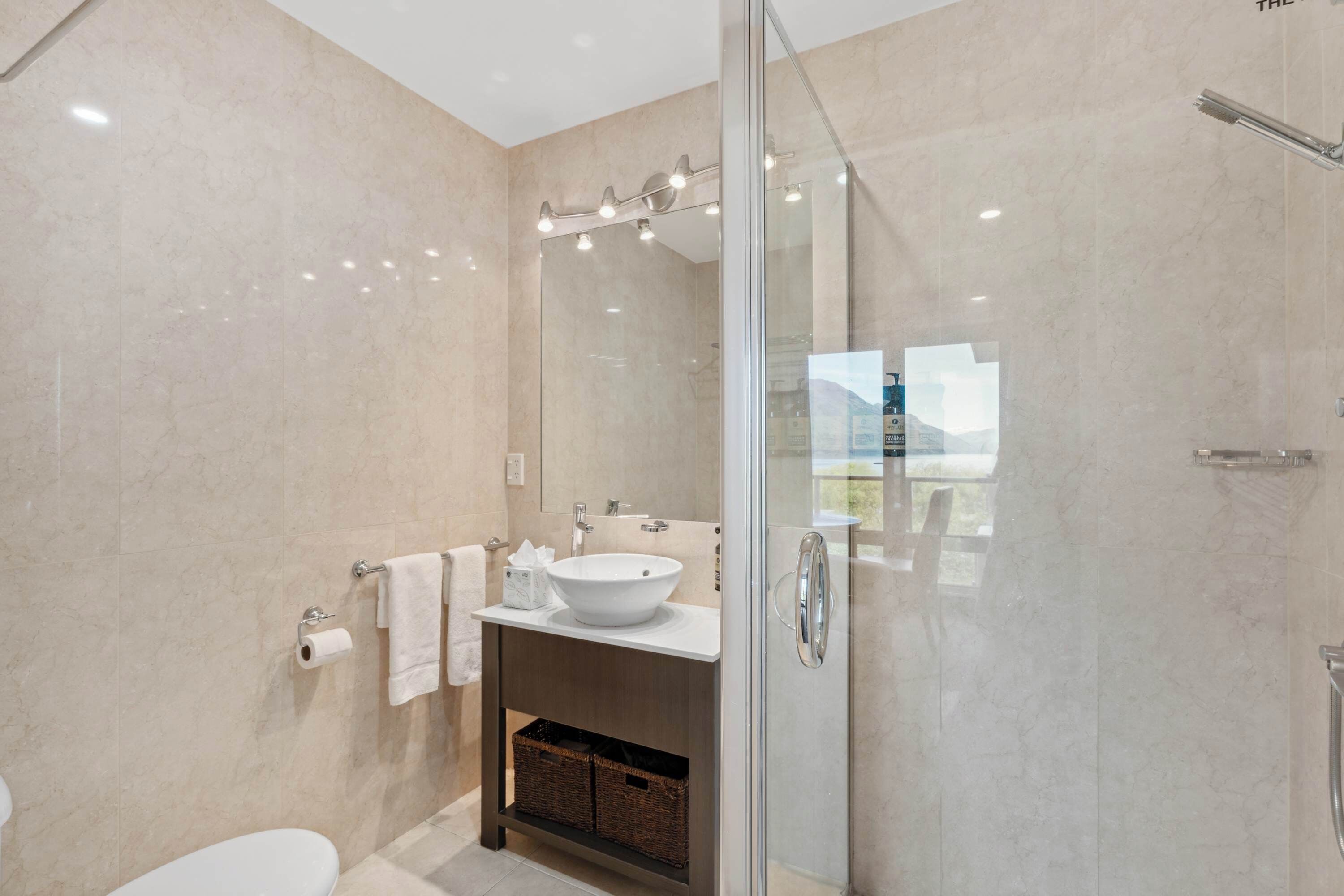 Shower, hair dryer, towels
