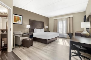 Una habitación de hotel con cama, escritorio, silla, sofá y mesita de noche.