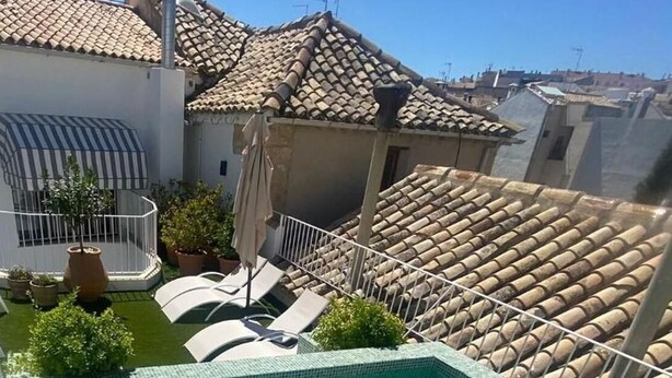 A rooftop swimming pool with a tiled edge, surrounded by a garden with potted plants and a small seating area. - Hotelate (Úbeda)