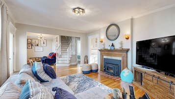 TV, fireplace, books