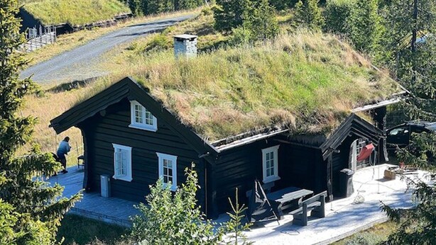 Une cabane avec un toit de chaume, une terrasse en bois et un banc.