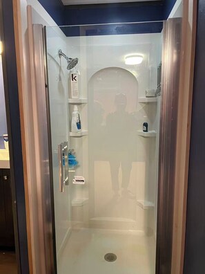 Shower, jetted tub, hair dryer, towels