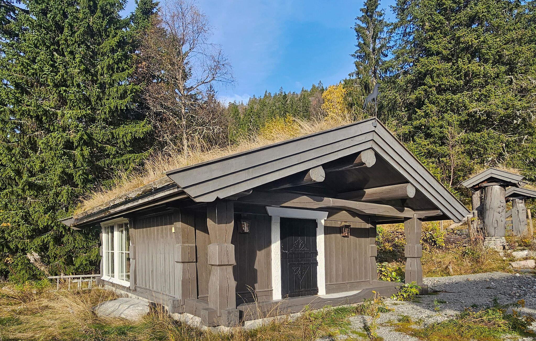 Una pequeña cabaña de madera con techo inclinado, rodeada de un bosque frondoso.