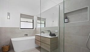 Shower, towels, soap, shampoo