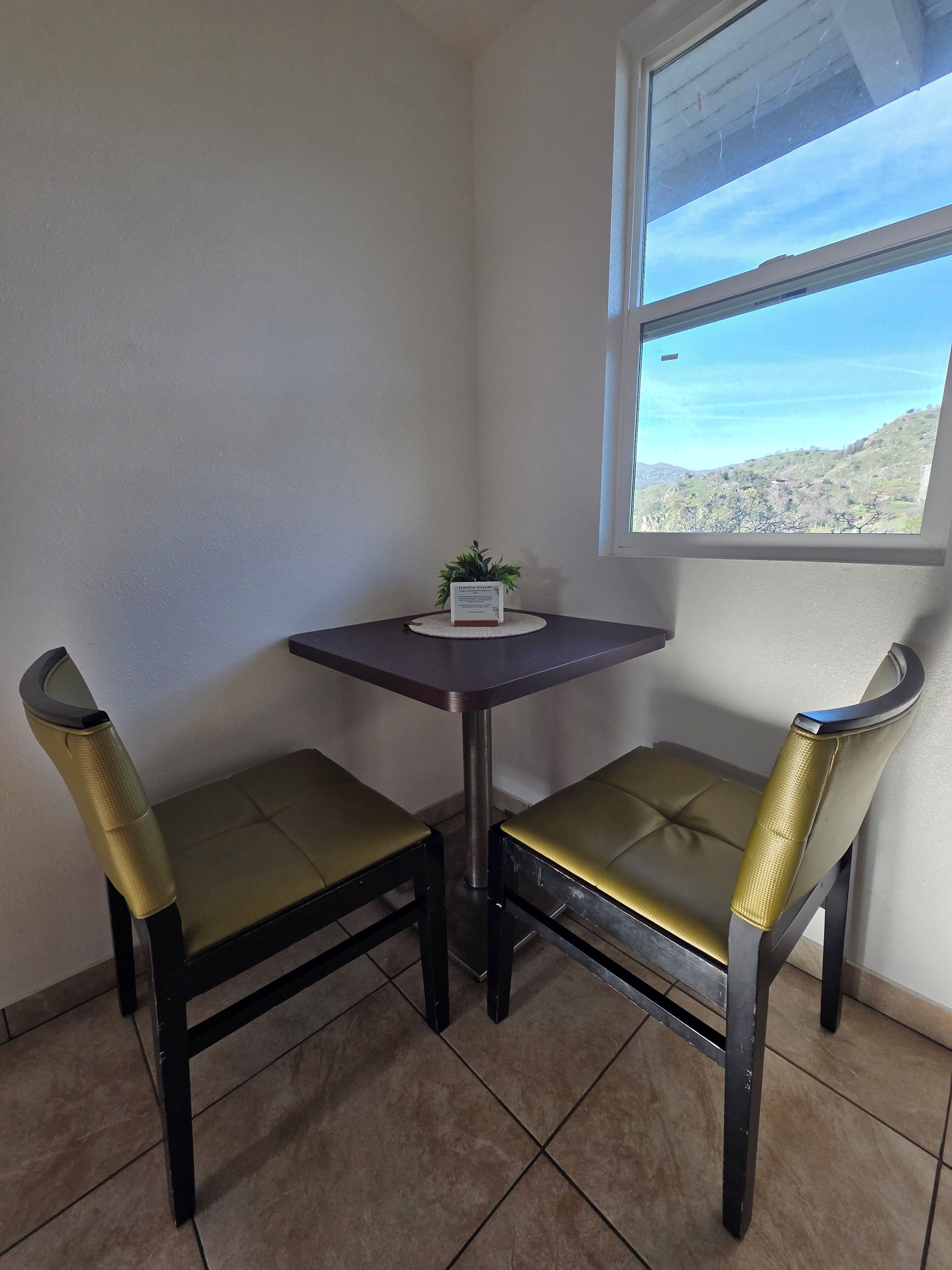 A corner room with a small table and two chairs, a window with a view of a hilly landscape, and a potted plant on the table.
