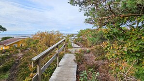 En trætrap fører op til et hus med rødt tag, omgivet af efterårsblade og udsigt til havet.