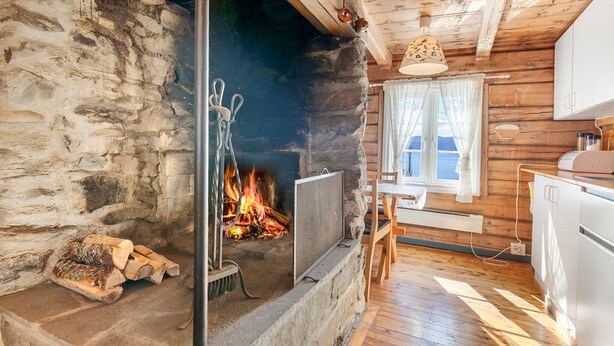 A cozy cabin interior with a stone fireplace, wooden walls, and a view of the outdoors.