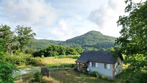 A small house with a sloped roof, surrounded by lush greenery and a mountain in the background. - Lilie's Chalet, a farm stay (BASSIGNAC)