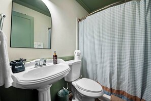 A bathroom with a sink, toilet, and shower curtain. - Hiwassee Suite on Lookout Mountain (Lookout Mountain)