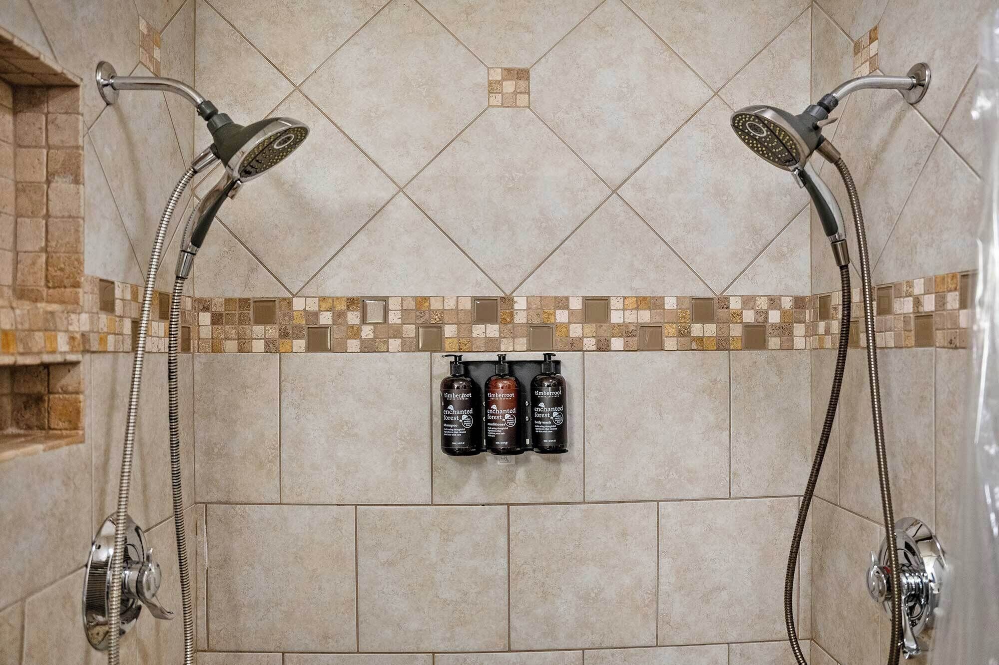 Shower, hair dryer, shampoo