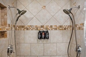 Shower, hair dryer, shampoo