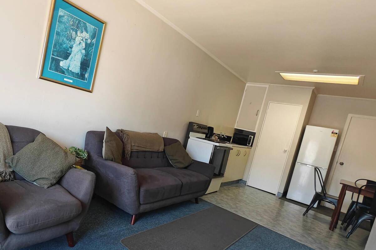Una sala de estar con dos sofás, un cuadro enmarcado en la pared, una kitchenette y una puerta que da a otra habitación.