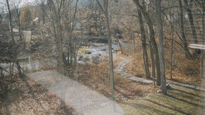 A pathway through a wooded area with a stream and a stone bridge. - The Creek House on Kaaterskill (Palenville)
