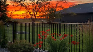 A sunset view with a black metal fence, red flowers, and a house in the background. - Pure MUCHigan (Holland)