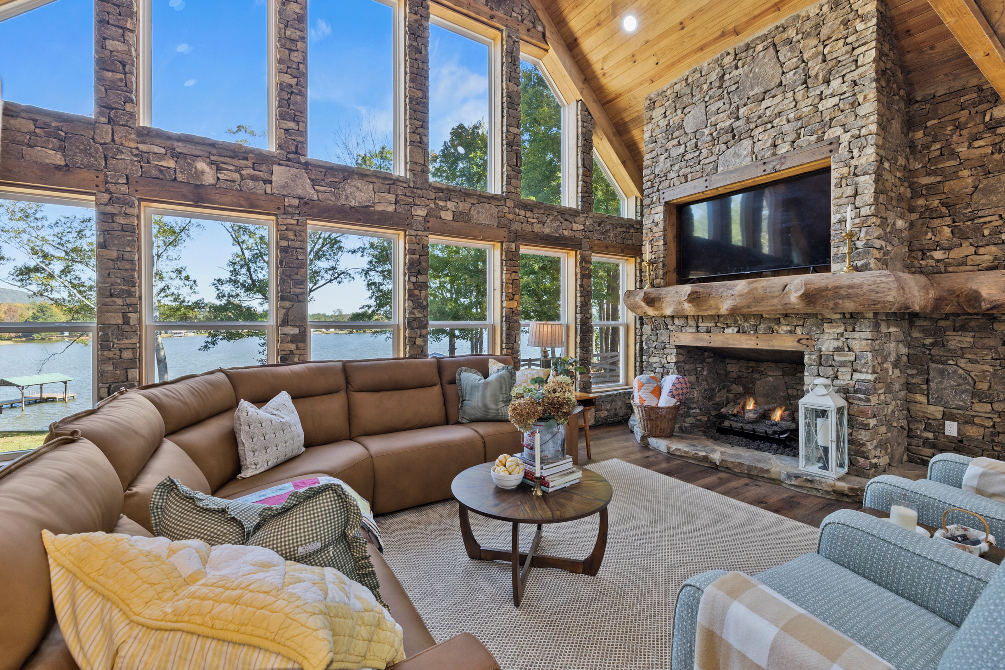 Smart TV, chimenea y libros 