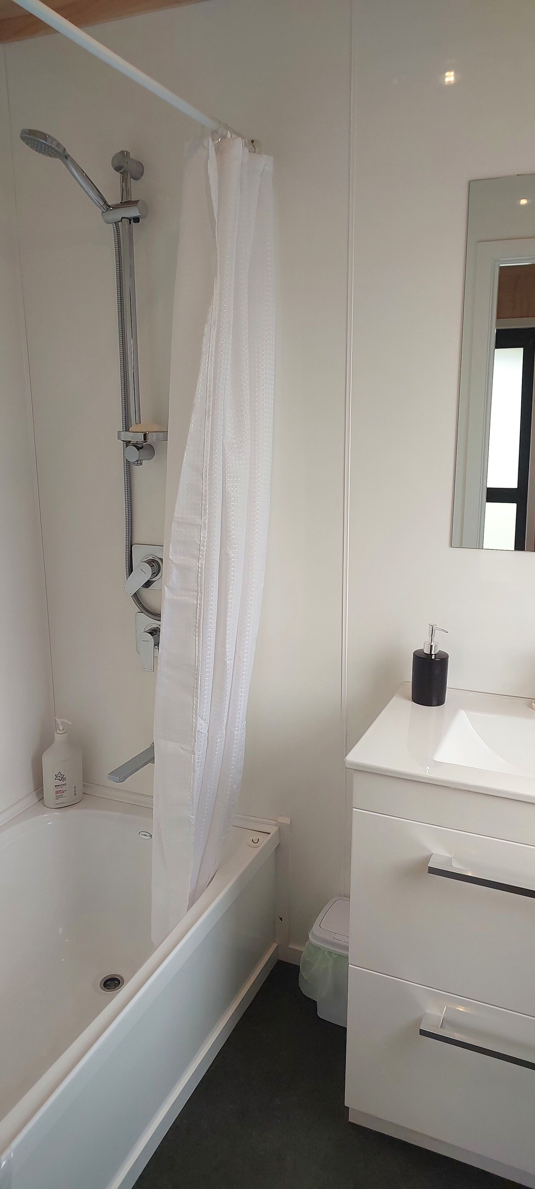 Un baño con una bañera blanca, un cabezal de ducha, un inodoro y un lavabo con espejo.