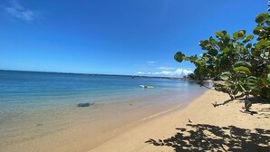 Una playa con agua azul cristalina, orilla arenosa y un barco pequeño a lo lejos.