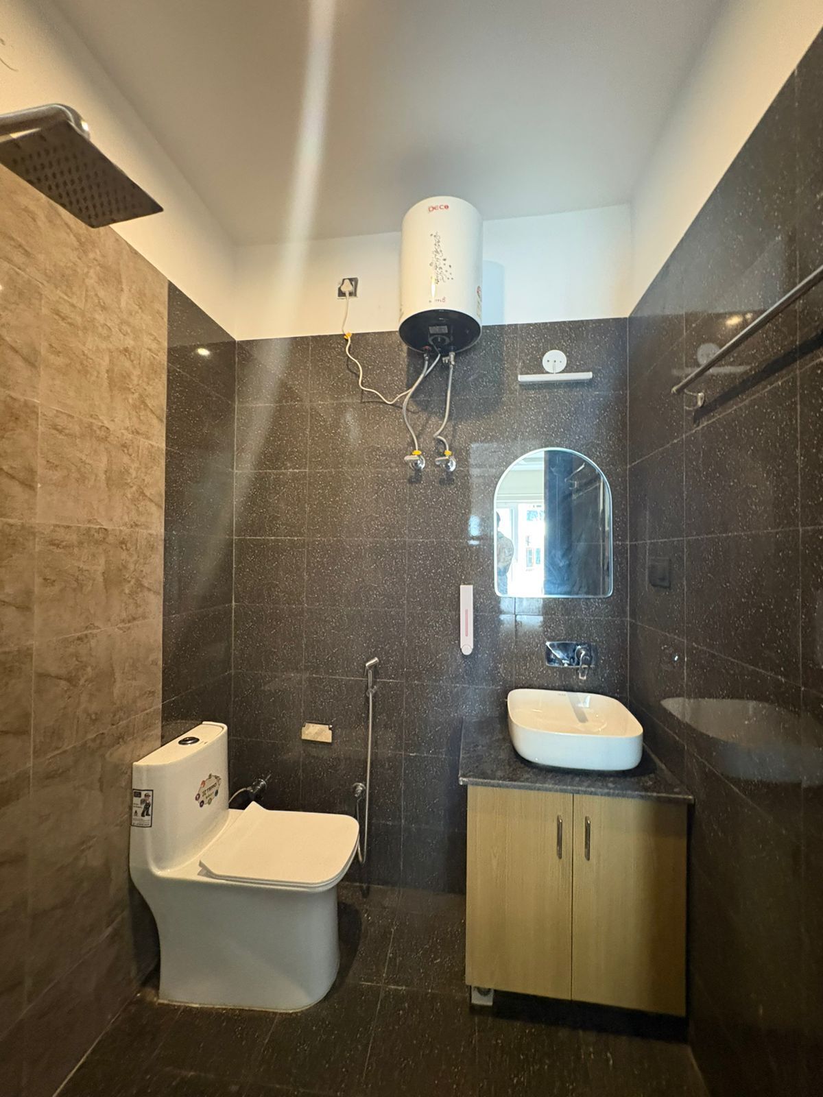 Shower, towels, soap, toilet paper