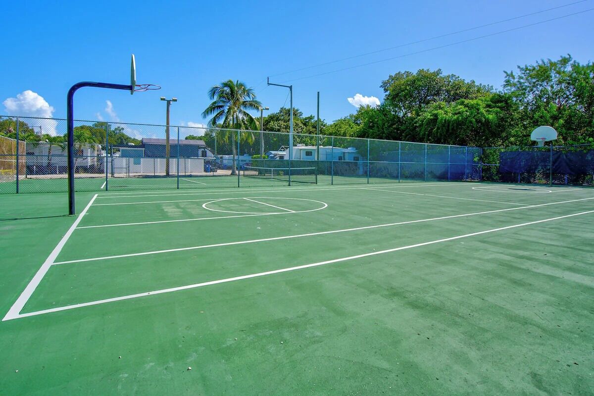 Ein Basketballplatz im Freien mit grüner Spielfläche, umgeben von einem Maschendrahtzaun, mit Palmen im Hintergrund.