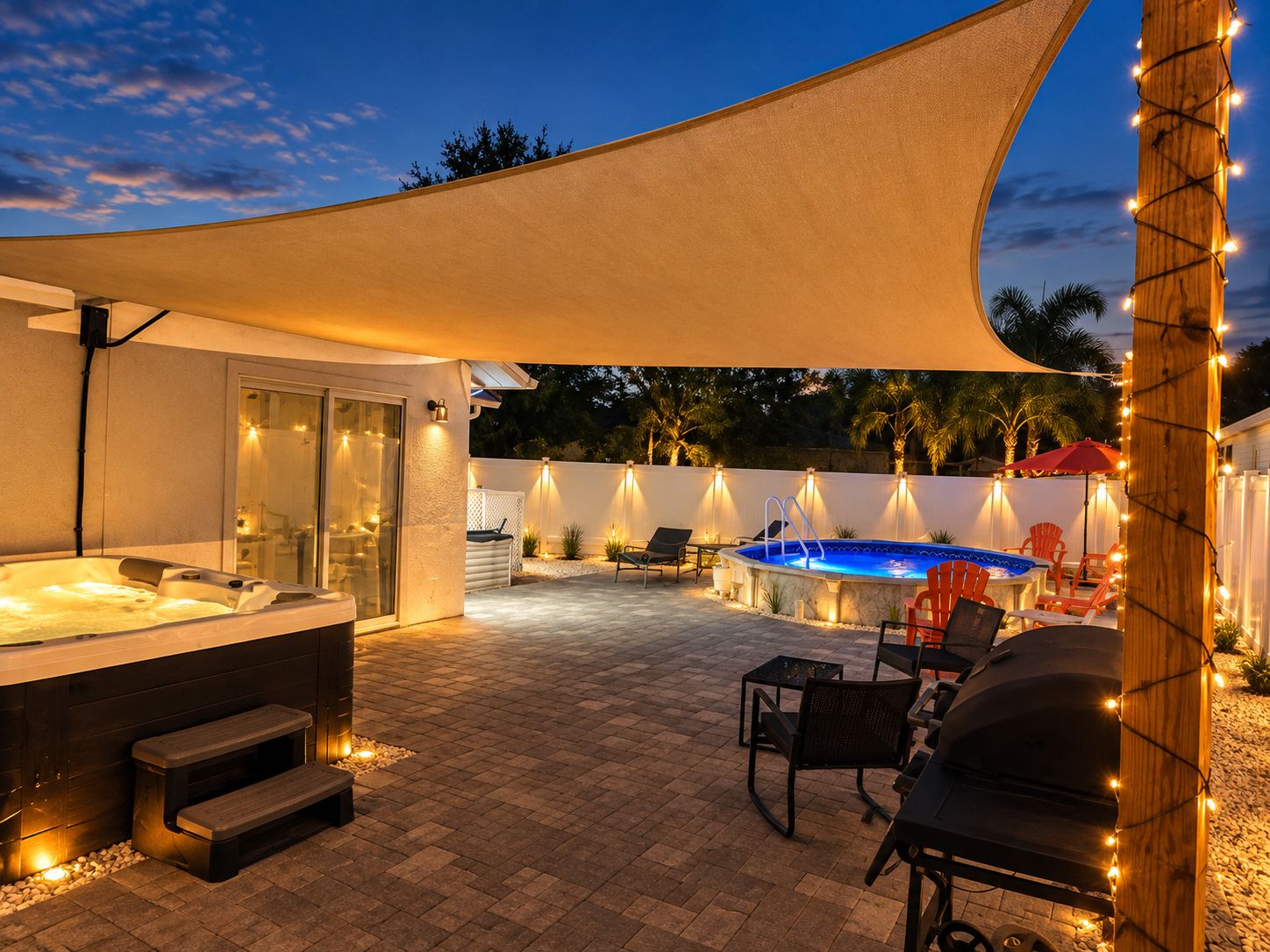 A covered outdoor area with a hot tub, seating, and a swimming pool.