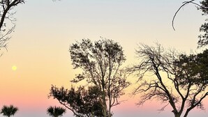 Un parque con valla de madera, bancos y un pequeño edificio blanco cerca de un cuerpo de agua al atardecer.